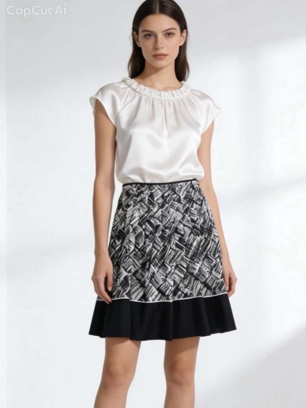 Talbots Fully Lined Black/Ivory Skirt Black Border Hem, Sz 10P, Classic Elegance - Picture 2 of 6